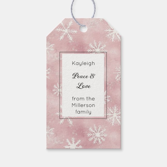 Rosa weiße Schneeflocken Weihnachten Rechteck   Geschenkanhänger (Vorderseite)