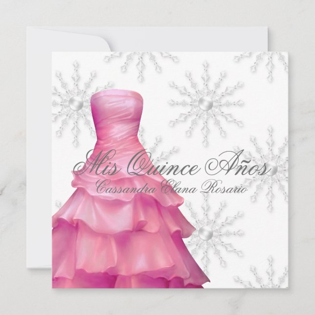 Rosa weiße Schneeflocken Weiße Quinceanera Einladung (Vorderseite)