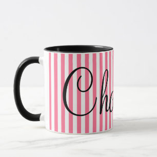 Rosa weiße Streifen mit individuellem Namen Tasse