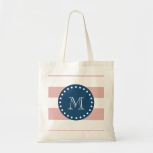 Rosa weiße Streifen Muster, Marine-Blau-Monogramm Tragetasche