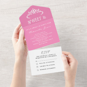 Rosa Weiße Süße 16 Tiara Sechzehn Modern All In One Einladung