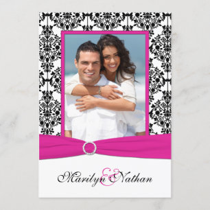Rosa, weiße u. schwarze Damast-Foto-Hochzeit laden Einladung