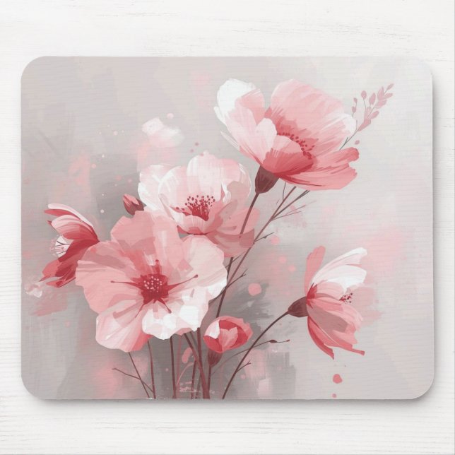 Rosa, Weiße und Graue Blumen Mousepad (Vorne)
