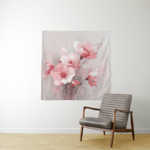 Rosa, Weiße und Graue Blumen Wandteppich