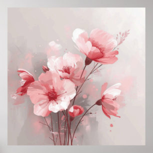 Rosa, Weiße und Graue Blumenmuster Poster