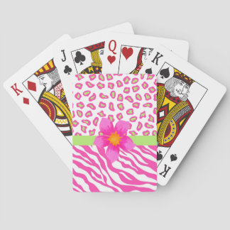 Rosa, weiße und grüne Zebra & Geparden & Rosa Blum Spielkarten