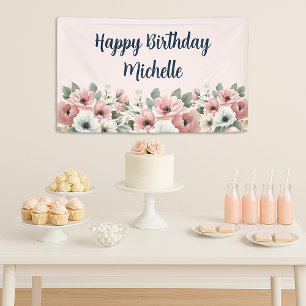 Rosa Weiße Wasserfarbe Floral Frohes Geburtstag Banner