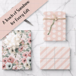 Rosa Weiße Wasserfarbe Gestreift Punkte Geschenkpapier Set