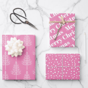 Rosa weiße Weihnachten, Bäume, Polka Punkte Urlaub Geschenkpapier Set