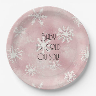Rosa Weiße Weihnachten Schneeflocken Streifen  Pappteller