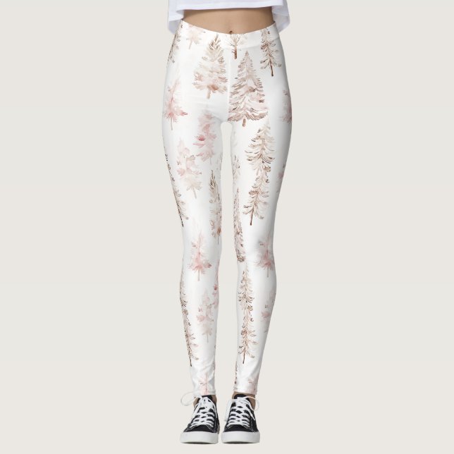 Rosa weiße Weihnachtsbäume Leggings (Vorderseite)