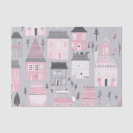Rosa weiße Weihnachtshäuser auf Grau Seidenpapier