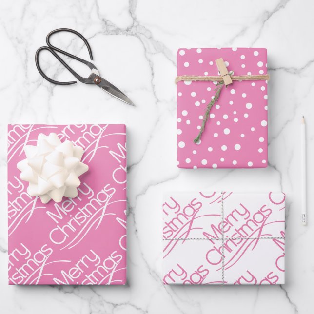 Rosa, weiße Weihnachtstypografie und Weihnachtsfer Geschenkpapier Set (Vorderseite)