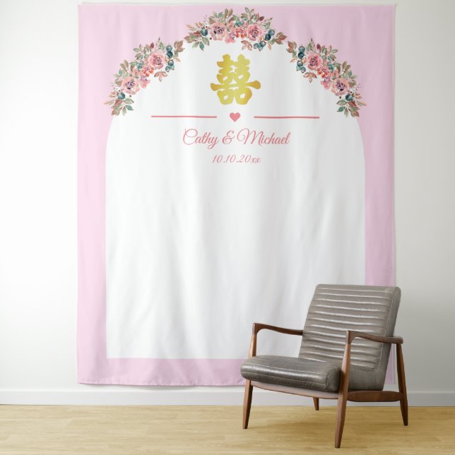 Rosa weißer Blumenbogen Chinesische Hochzeitslands Wandteppich (Beispiel)