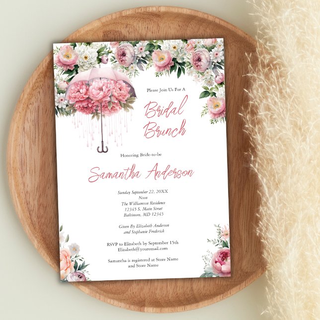 Rosa Weißer Blumenstrauß Brautparty Brunch Einladung (Pink White Watercolor Floral Umbrella Bridal Brunch Shower Invitation)
