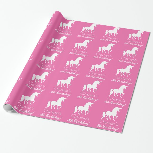 Rosa weißer Unicorn-personalisierter Geschenkpapier (Ungerollt)
