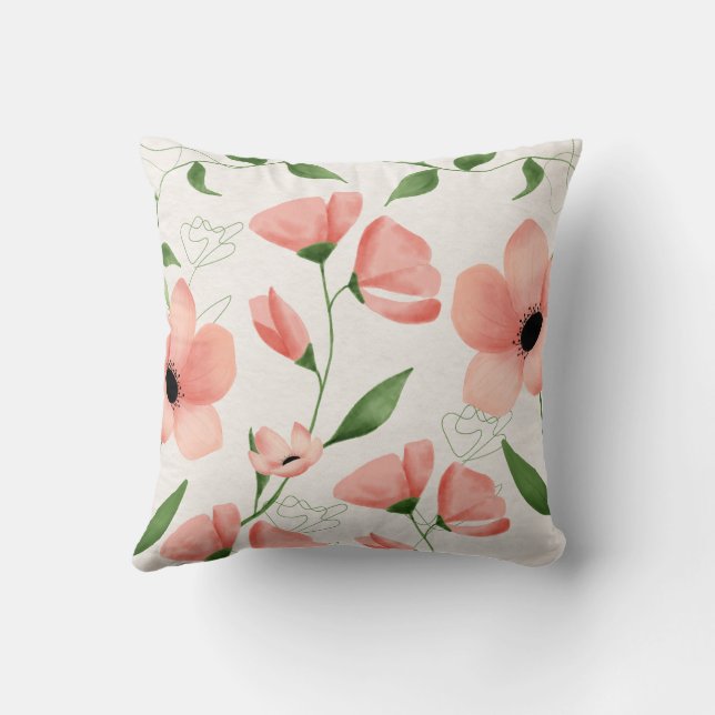 Rosa weißes Aquarell Blumenkissen Kissen (Rückseite)