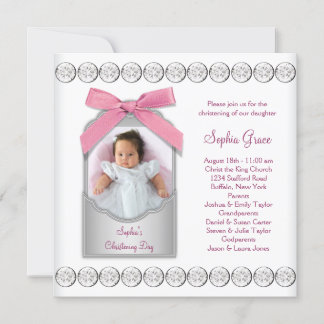 Rosa weißes Baby-Mädchen-Foto-Taufe Einladung