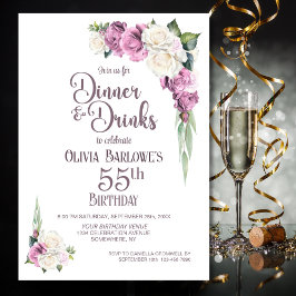 Rosa weißes Blumendinner und Getränke 55. Geburtst Einladung
