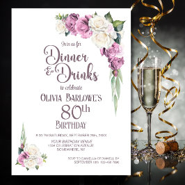 Rosa weißes Blumendinner und Getränke 80. Geburtst Einladung