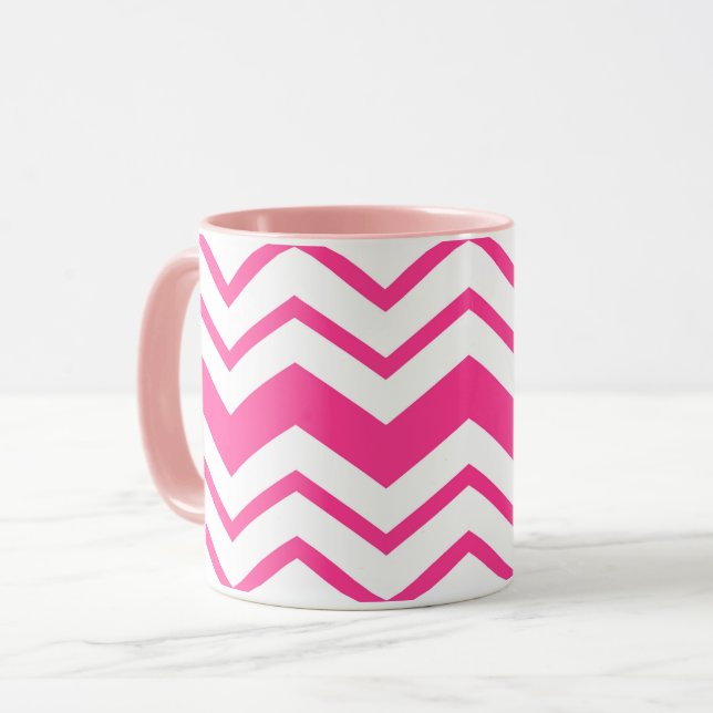 Rosa weißes Chevron-Zickzack-Musterdesign  Tasse (Vorderseite Links)