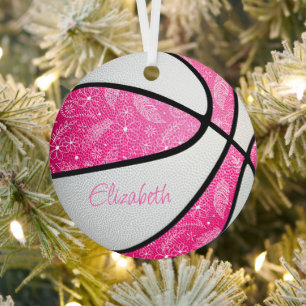 rosa weißes Doodle-Blumenmuster Boho-Basketball Ornament Aus Metall