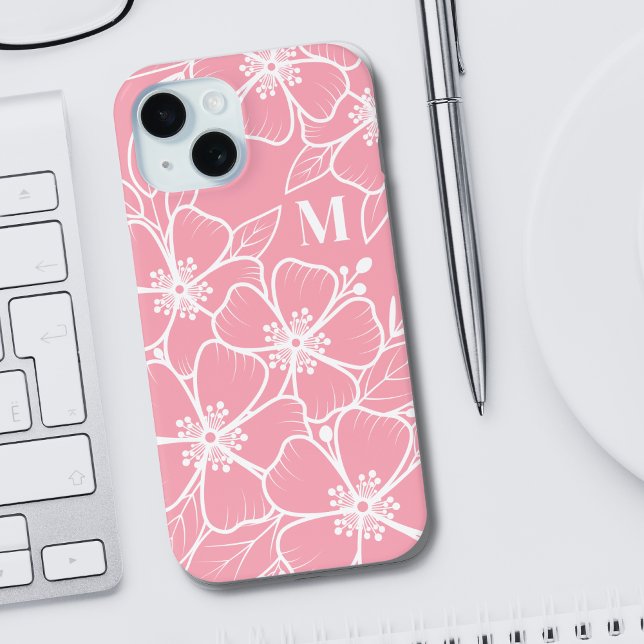 Rosa weißes florales Anfangsmonogramm Case-Mate iPhone Hülle (Girly Pink Floral Initial Monogram iPhone 15 Case)