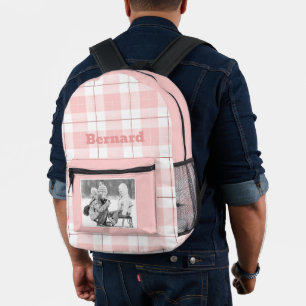 Rosa Weißes Gingham Kariertes Muster Name und Foto Bedruckter Rucksack