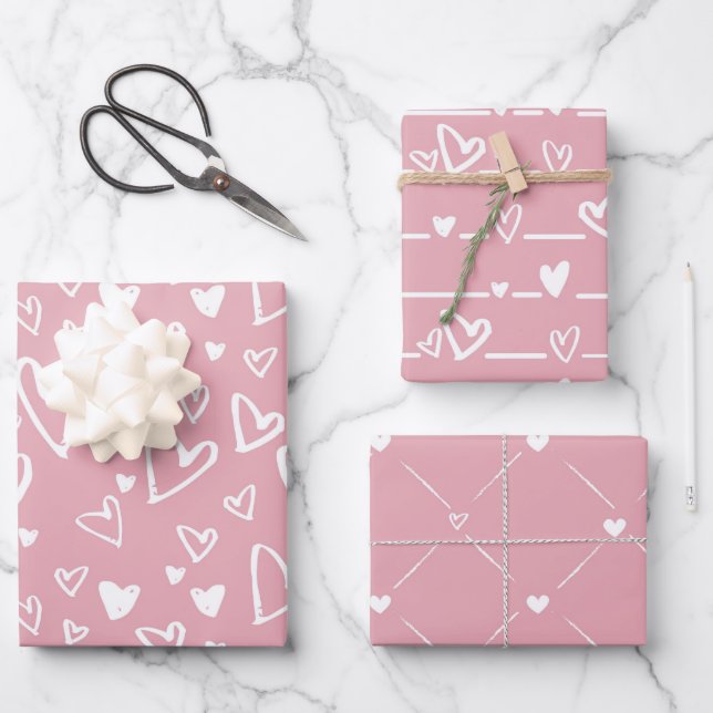 Rosa Weißes Herz Geschenkpapier Set (Vorderseite)