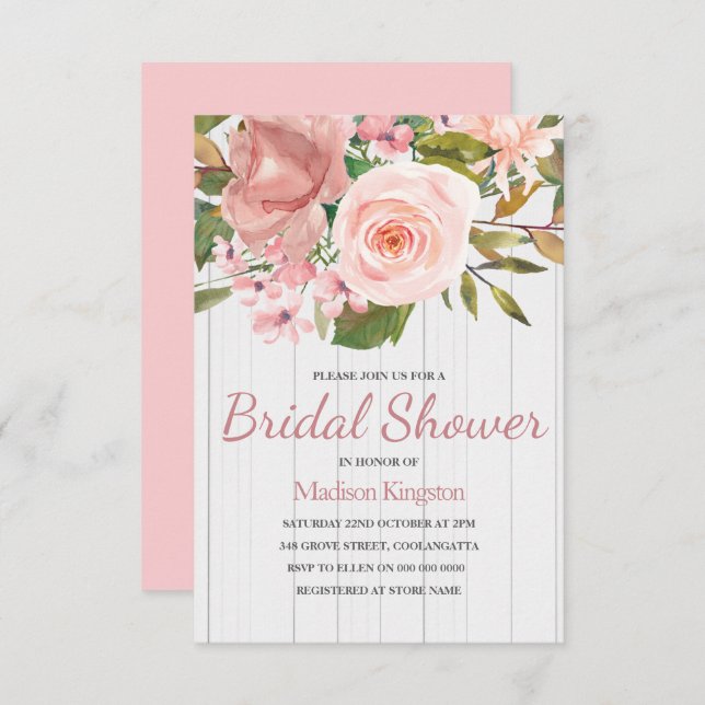 Rosa Weißes Holz Brautparty laden ein Einladung (Vorne/Hinten)