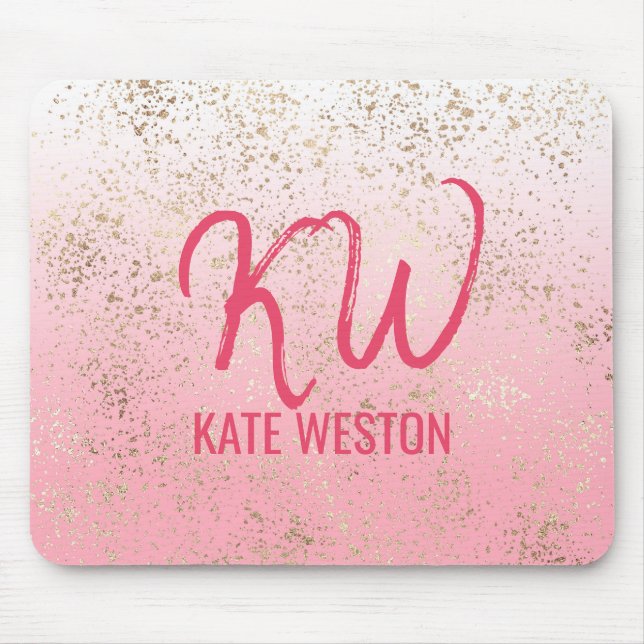 Rosa weißes Ombre Specklkling Gold Flakes Monogram Mousepad (Vorne)