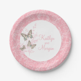 Rosa, weißes Papiertüte, 3 Tinte, rosa Schmetterli Pappteller