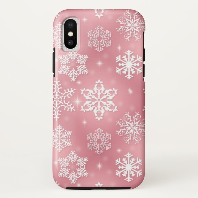 Rosa weißes Schneeflockenmuster Weihnachten 10 Jah Case-Mate iPhone Hülle (Rückseite)