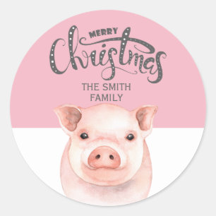 Rosa weißes Schwein Frohe Weihnachten Familienname Runder Aufkleber