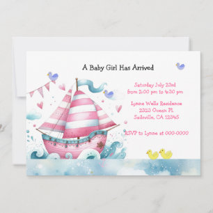 Rosa weißes Segelboot Baby Mädchen Shower Einladun Einladung