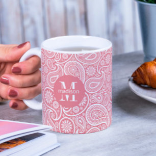 Rosa, weißes vintage Paisley-Muster Monogramm Kaffeetasse