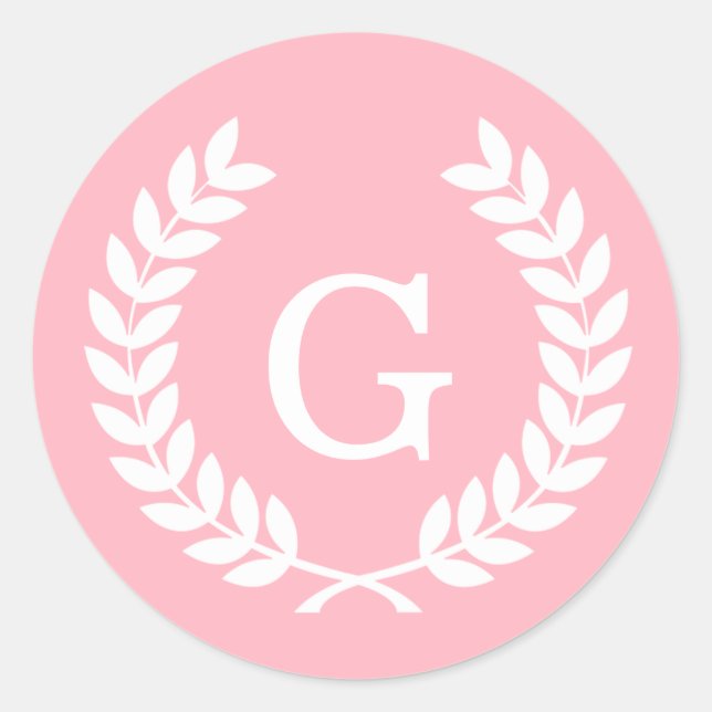 Rosa Weißwheat Laurel Wreath Initial Monogram Runder Aufkleber (Vorderseite)