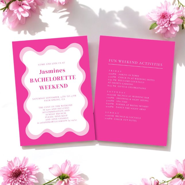 Rosa Welle Moderne Unterhaltung Bachelorette Einla Einladung (pink wave bachelorette invitation with weekend activites all editable to suite your needs )