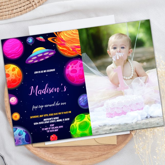 Rosa Weltraum Geburtstag Einladung mit Foto (Pink Outer Space Birthday Invitations with photo)