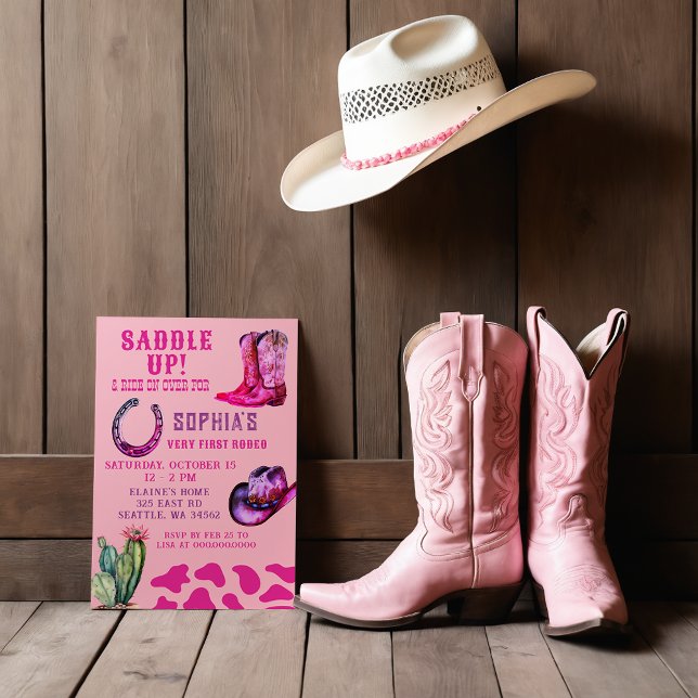 Rosa Western Cowgirl First Rodeo Girls Geburtstag Einladung (Pink Western Cowgirl First Rodeo Girls Birthday Invitation)