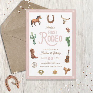 Rosa Western First Birthday Rodeo Baby Girl Einladung