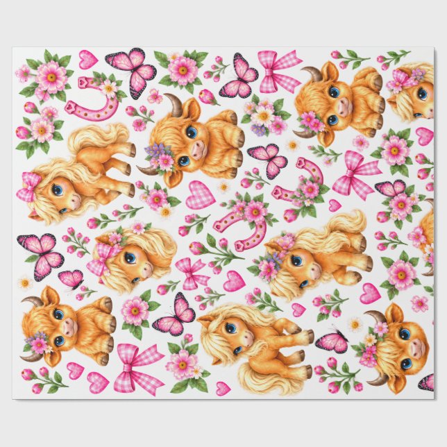 Rosa Western Highland Cow & Pony Geschenkpapier (Flach)