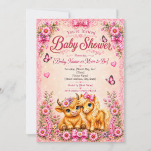 Rosa Western Highland Kuh & Pony Baby Shower Einladung