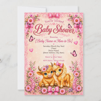 Rosa Western Highland Kuh & Pony Baby Shower Einladung