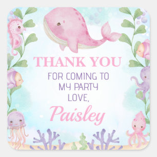Rosa Whale Mädchen unter dem Meer Geburtstagsaufkl Quadratischer Aufkleber