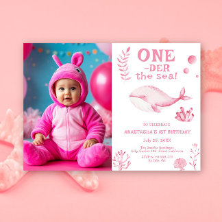 Rosa Whale Oneder See 1. Geburtstag Einladung
