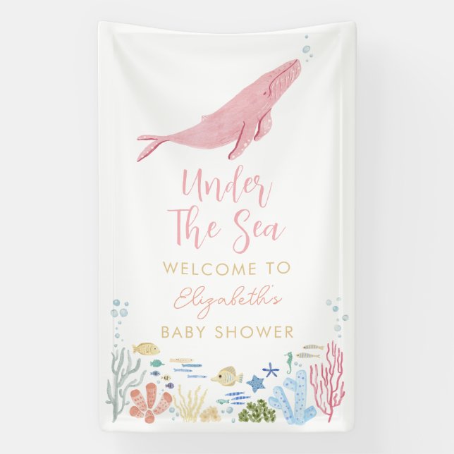Rosa Whale unter der Sea Baby Dusche Empfang Banner (Vertikal)