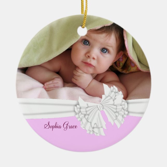 Rosa & White Bow Baby Girl Foto Ornament (Vorne)