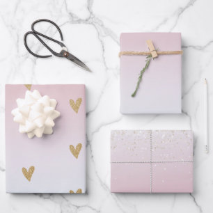Rosa White Ombre Gold Glitzer Herz Geschenkpapier Set