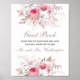 Rosa White Rose Gold Floral Wedding Gästebuch